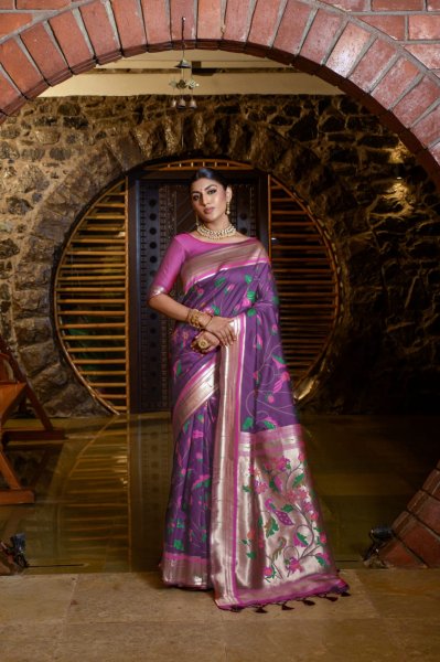 Image of Pure Banarasi Silk Paithani Zari Meenakari Weaved Rich Pallu Sarees
