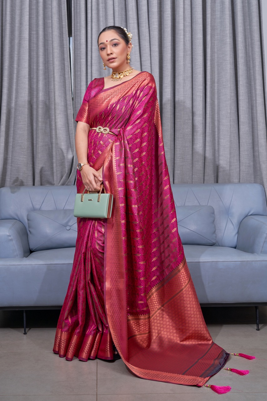 Pure Banarasi Silk Copper Zari Weaved Rich Pallu And Border Saree