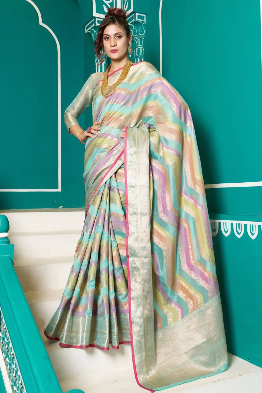 Pure Organza Silk Multi Color Lehariya Zari Weaved Pallu Saree