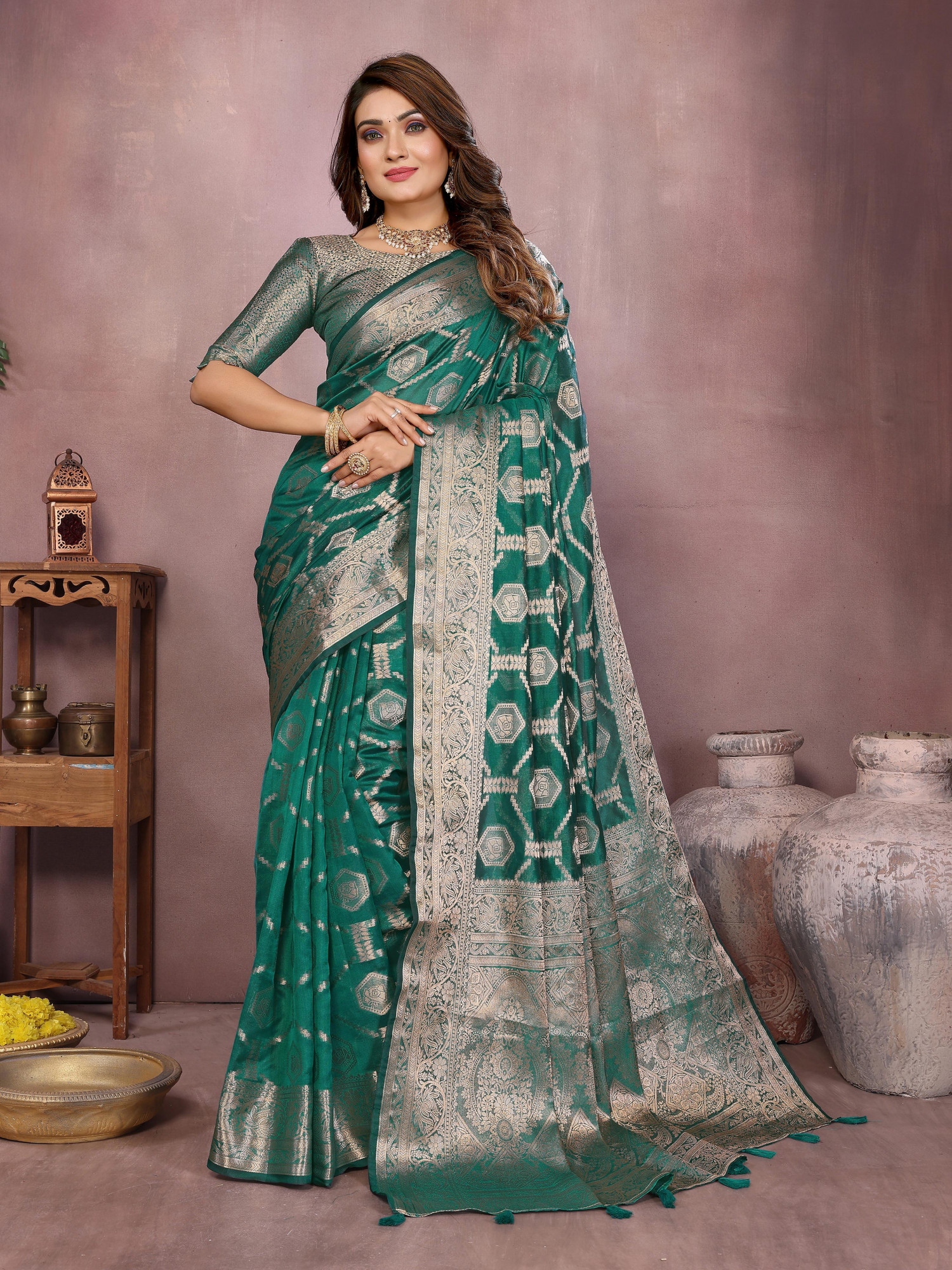 Jade Green Soft Organza Silk Rich Zari Weaved Body Pallu Border Saree