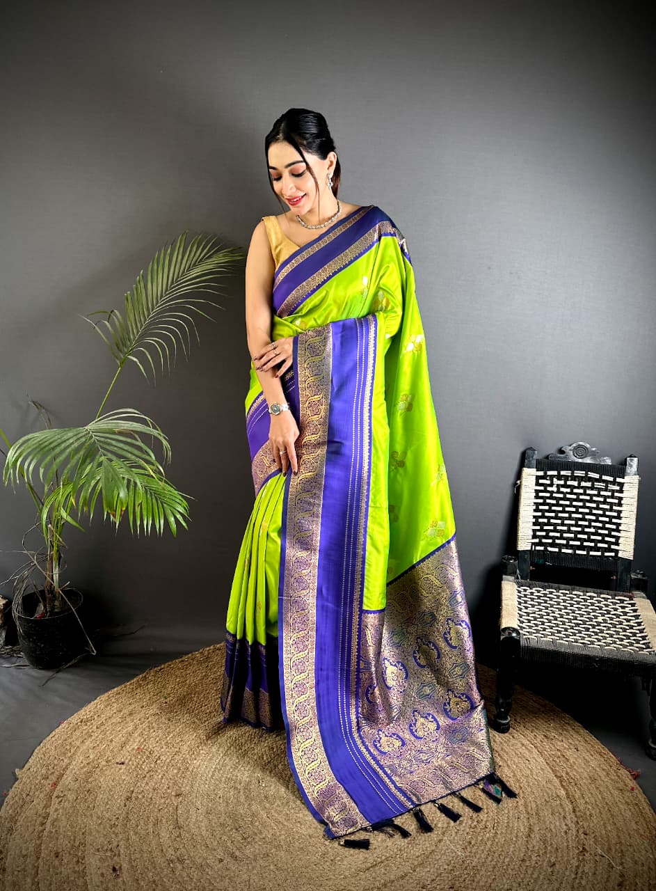 Lime Green Premium Soft Silk Zari Weaved Narayan Border Saree