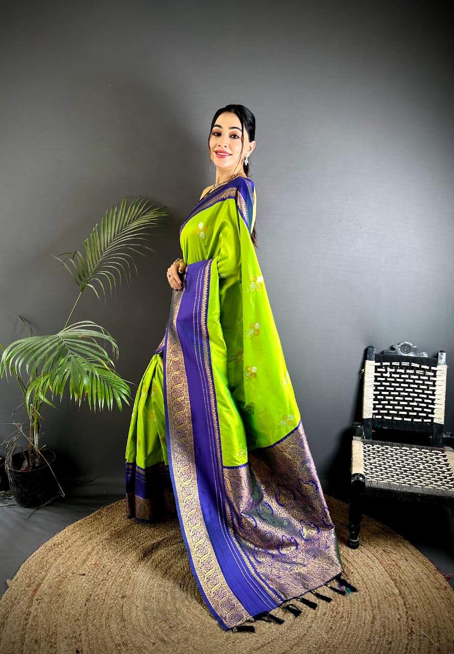 Lime Green Premium Soft Silk Zari Weaved Narayan Border Saree
