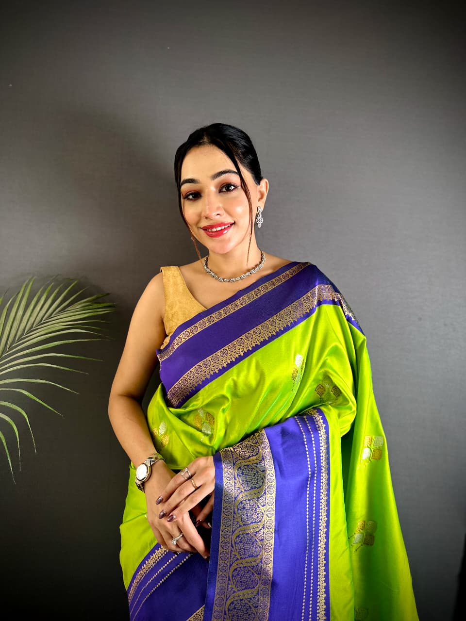 Lime Green Premium Soft Silk Zari Weaved Narayan Border Saree