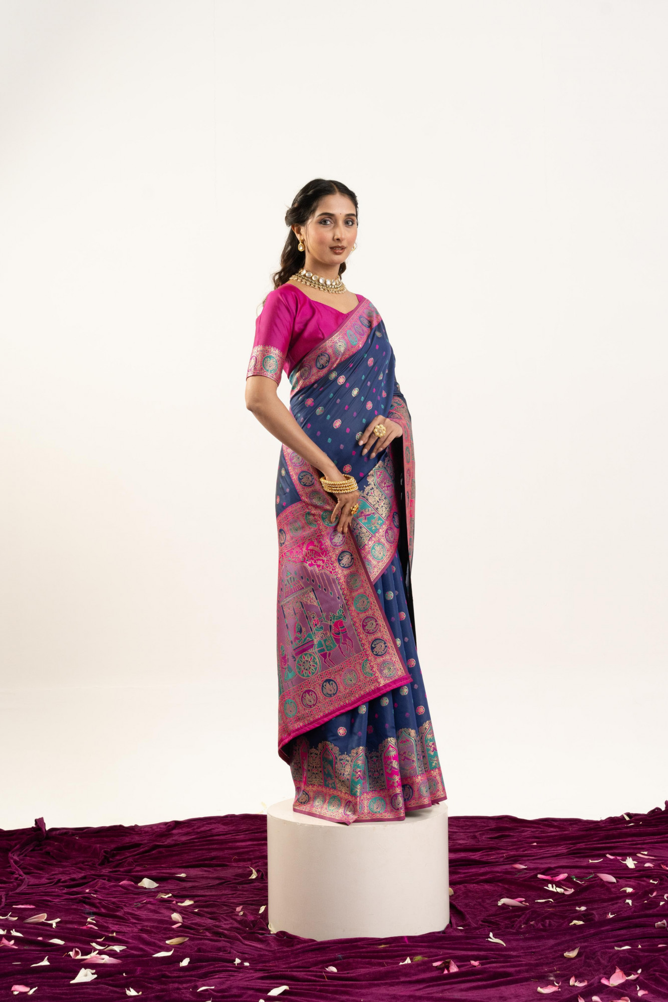 Dark Navy Blue Pure Banarasi Pashmina Silk Resham Zari Weaved Saree