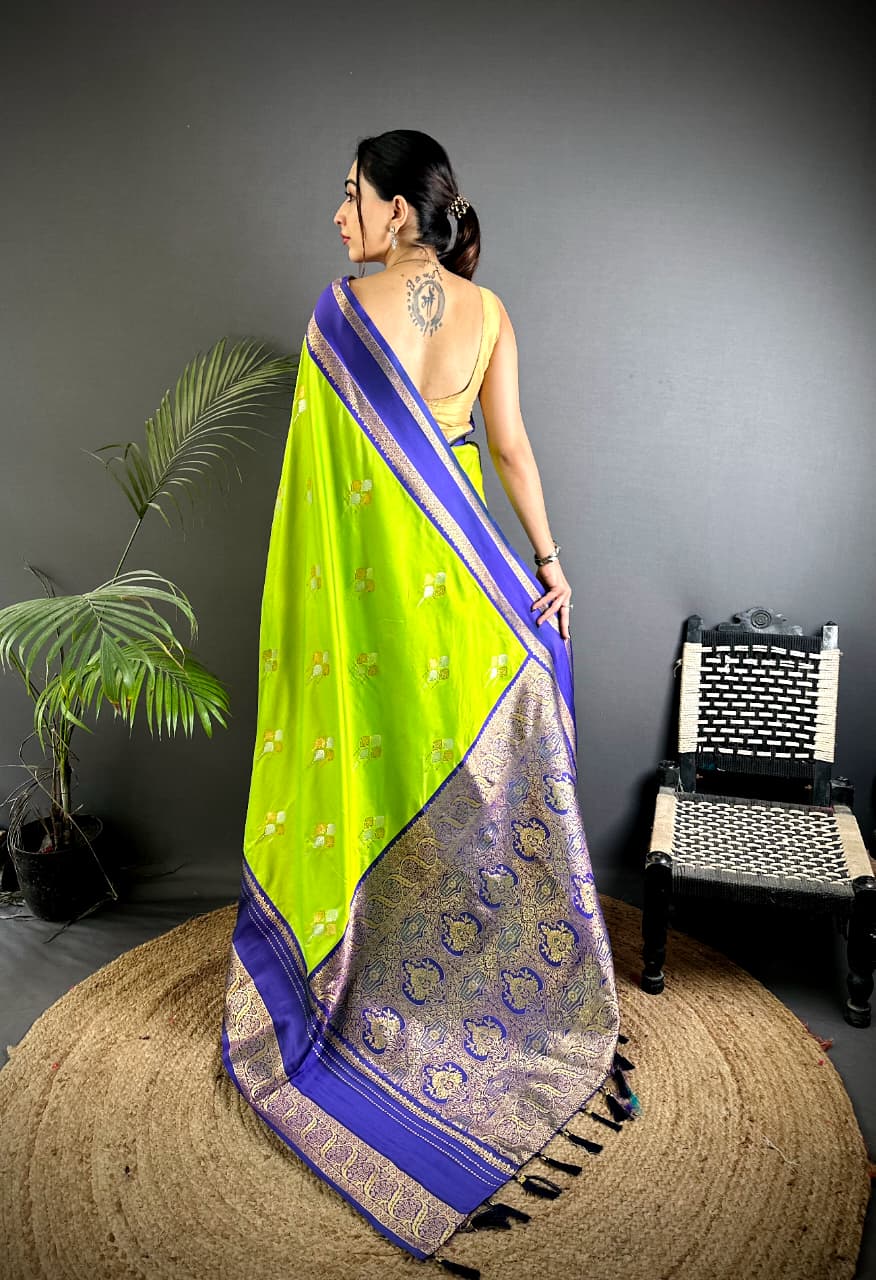 Lime Green Premium Soft Silk Zari Weaved Narayan Border Saree