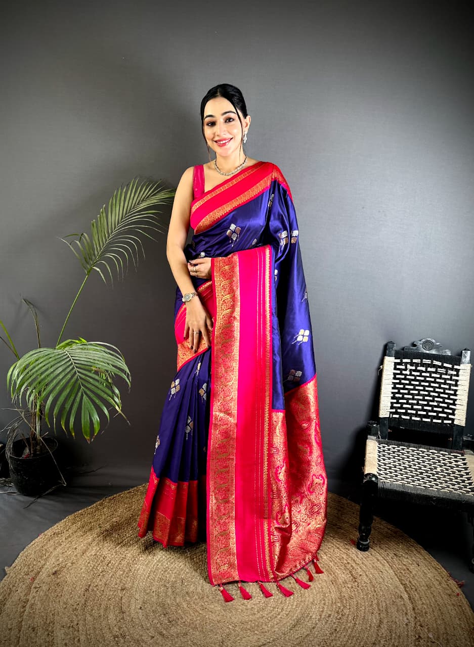 Navy Blue Premium Soft Silk Zari Weaved Narayan Border Saree