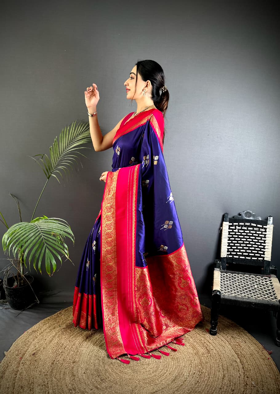 Navy Blue Premium Soft Silk Zari Weaved Narayan Border Saree