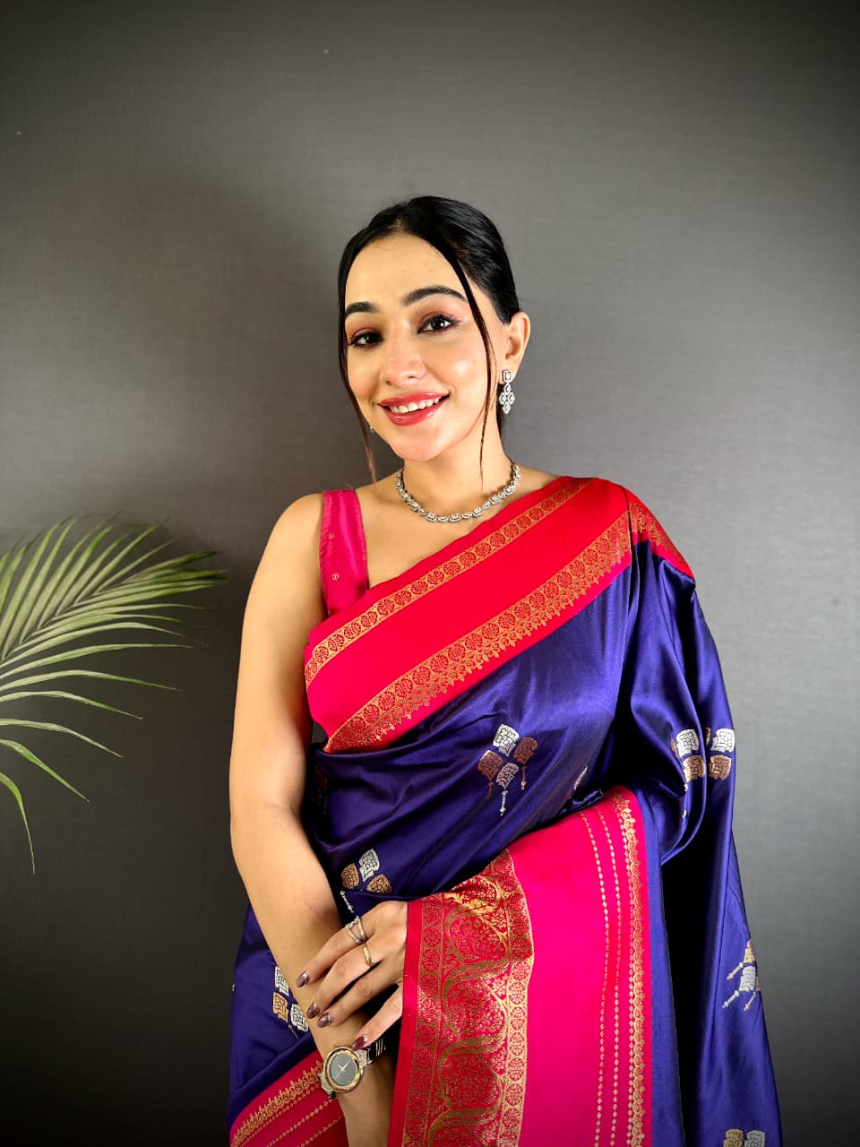 Navy Blue Premium Soft Silk Zari Weaved Narayan Border Saree