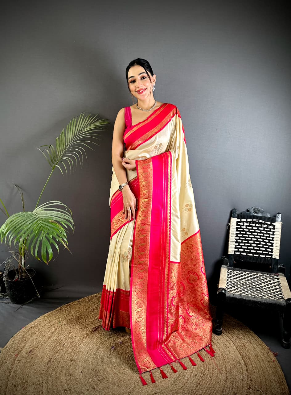 Off White Premium Soft Silk Zari Weaved Narayan Border Saree
