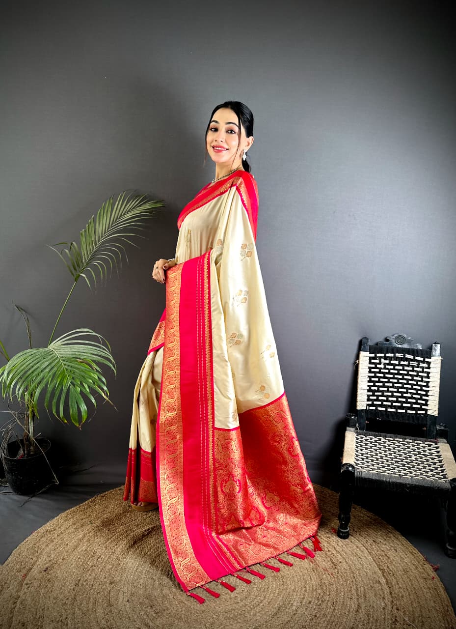 Off White Premium Soft Silk Zari Weaved Narayan Border Saree