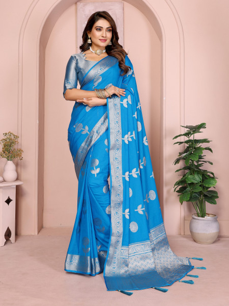 Image of Turquoise Banarasi Soft Georgette Silk Zari Weaved Rich Pallu Border Saree
