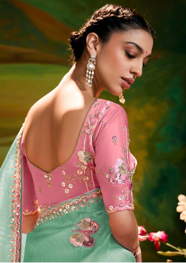 Sea Green Pure Tissue Organza Embroidered Sequence Worked Saree
