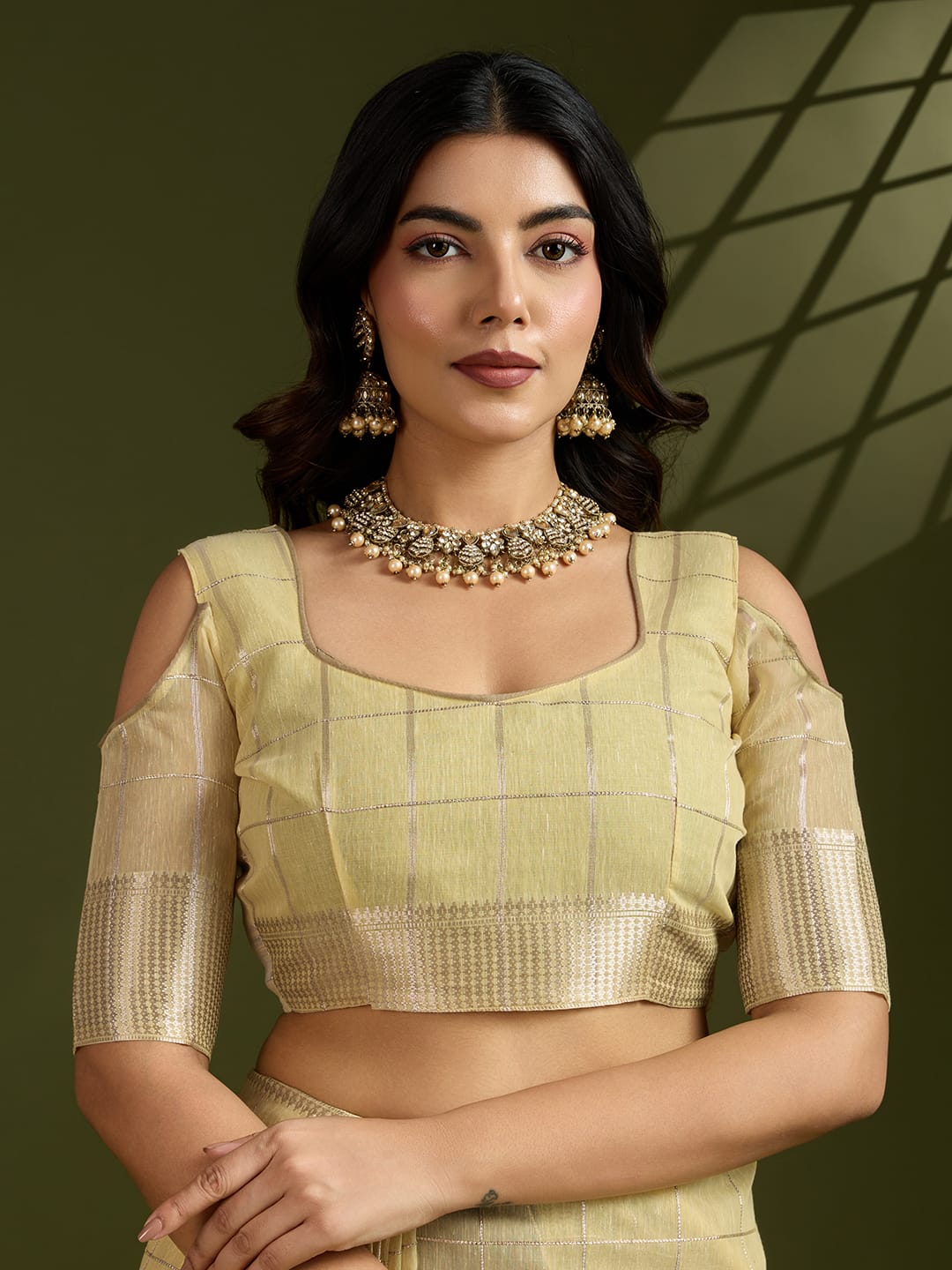 Light Lemon Pure Linen Tissue Silk Check Weaved Body Rich Zari Weaved Pallu Border Saree