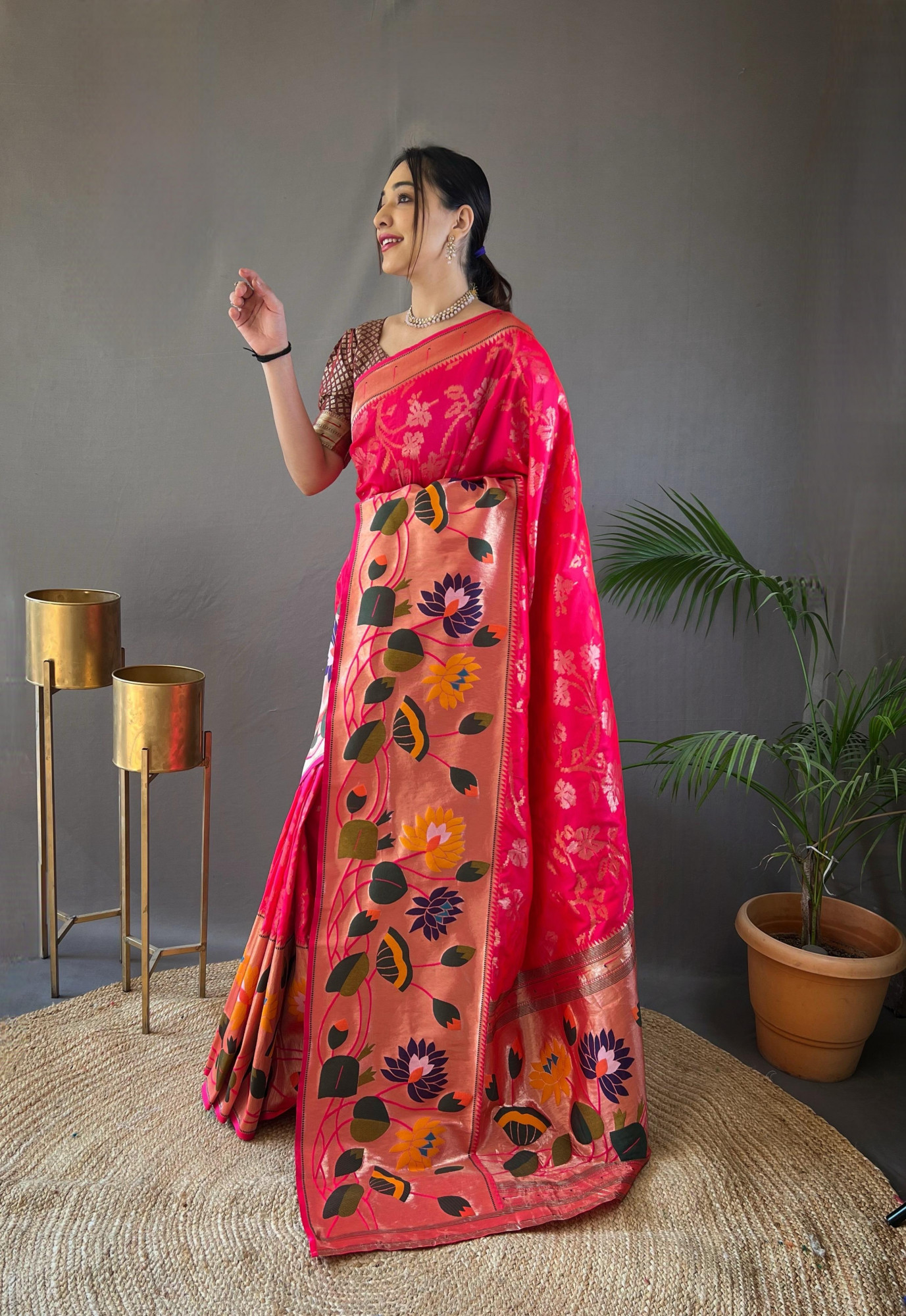 Raani Banarasi Paithani Silk Rich Zari Meenakari Weaved Saree