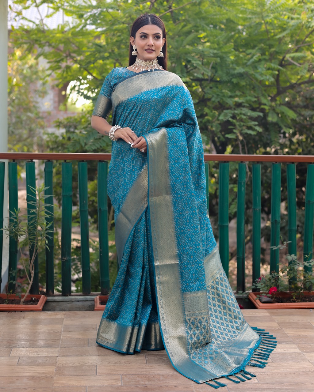 Teal Bandhej Patola Silk Rich Weaved Pallu Zari Border Saree