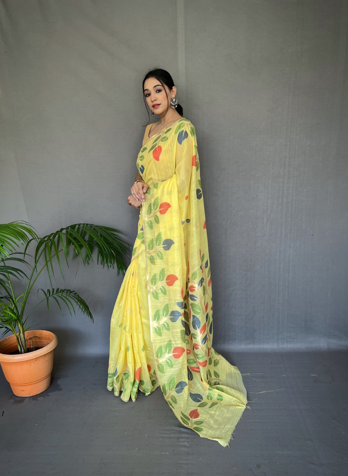 Pure Linen Jamdani Multi Color Meenakari Weaved With Rich Pallu Sarees