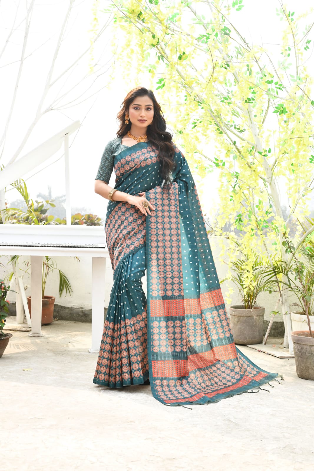 Cotton Silk All Over Zari Striped Pattern With Printed Pallu Saree