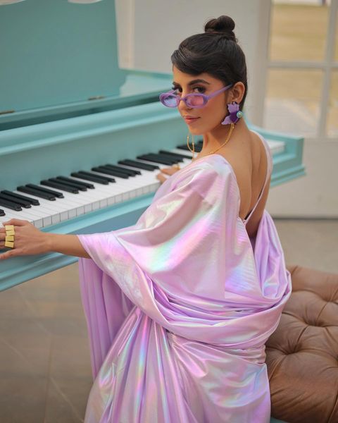 Lilac Chrome Satin Silk All Over Rainbow Shades Saree