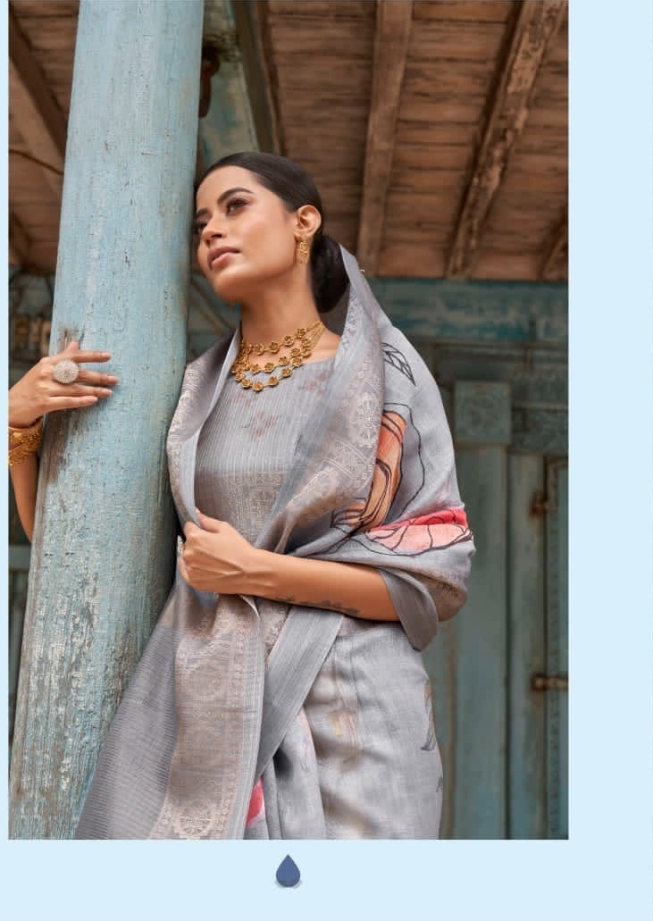 Linen Digital Printed Sarees With Zari Border And Rich Zari Pallu