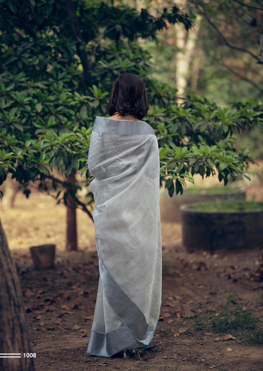 Pure Organza Silk All Over Zari Check Weaved With Satin Border Sarees