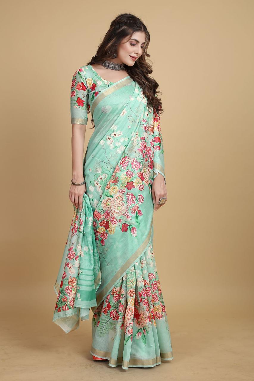 Pure Linen Digital Floral Printed With Tiny Zari Border Sarees