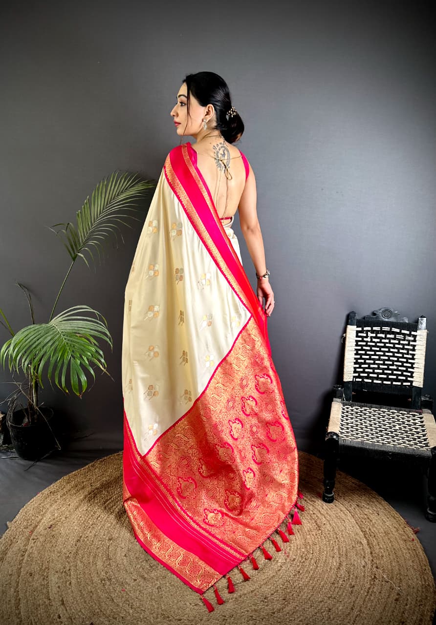 Off White Premium Soft Silk Zari Weaved Narayan Border Saree