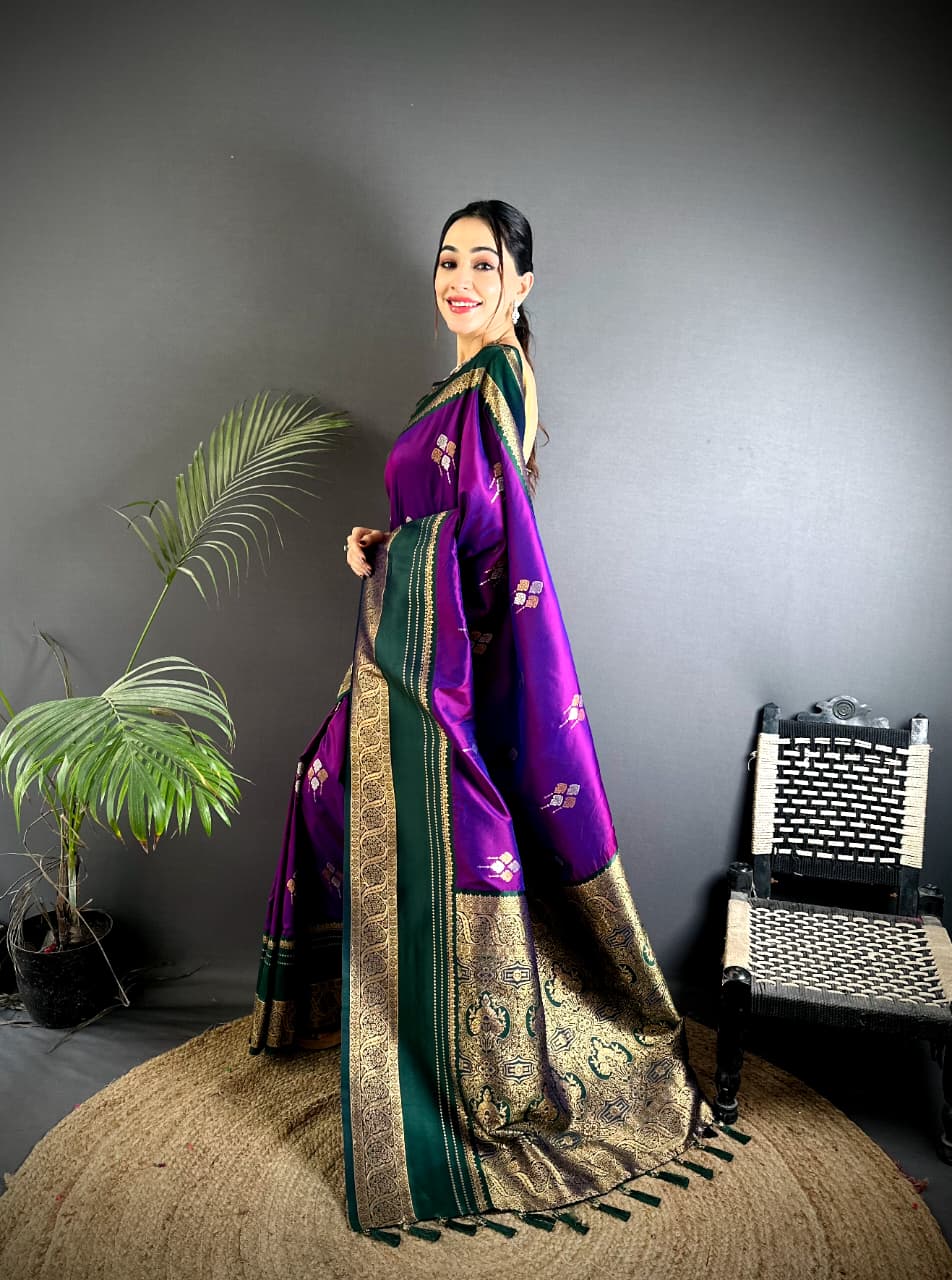 Dark Purple Premium Soft Silk Zari Weaved Narayan Border Saree