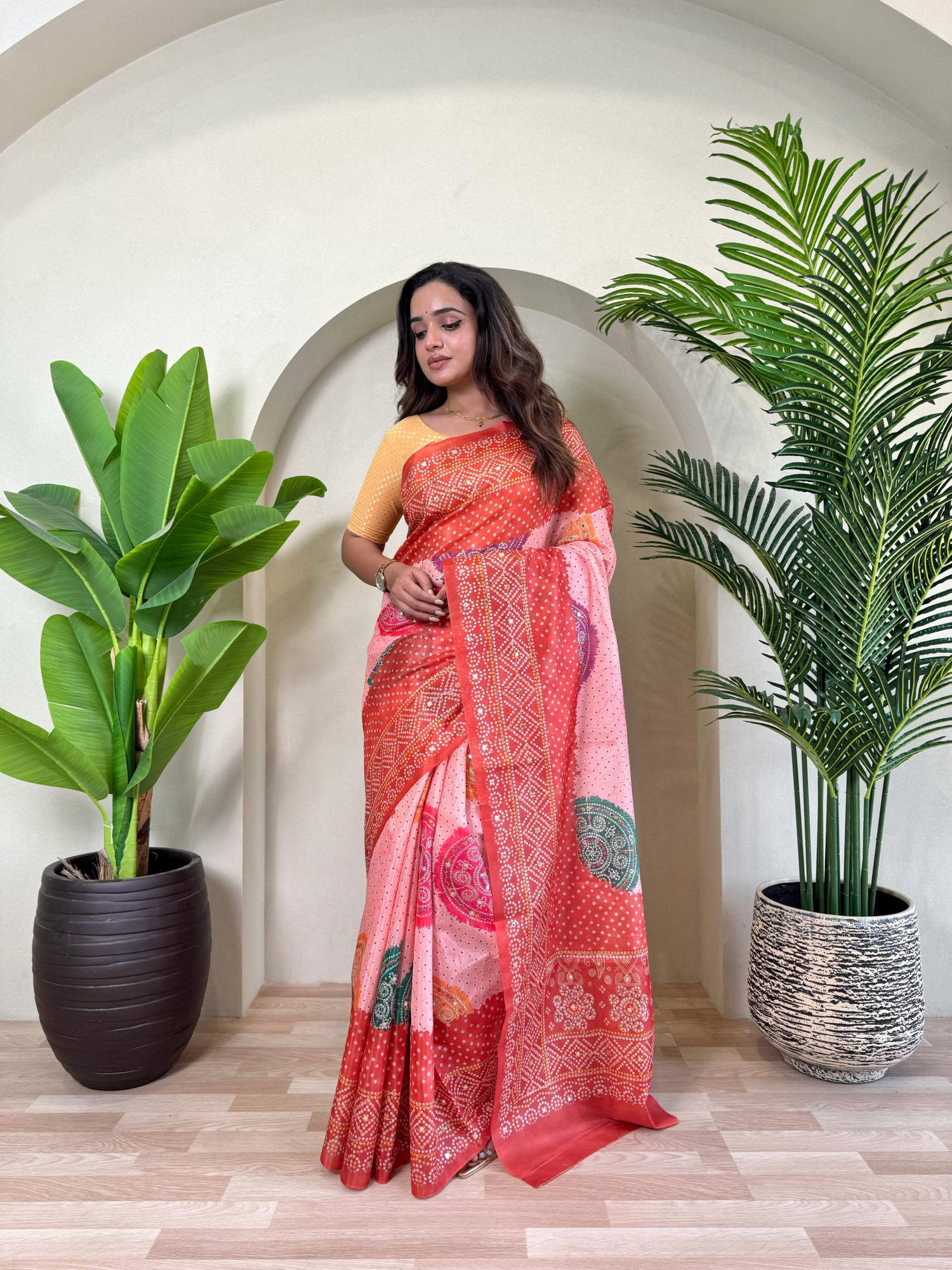 Peach Dola Silk Kalamkari Dual Tone Zari Weaved Saree