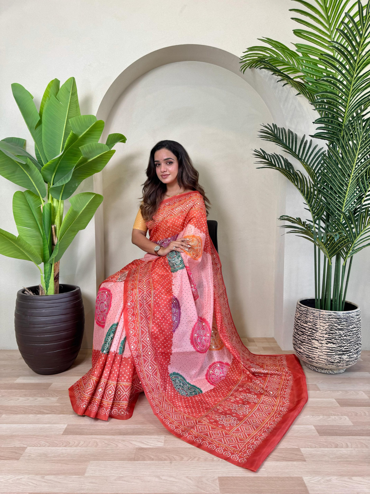 Peach Dola Silk Kalamkari Dual Tone Zari Weaved Saree