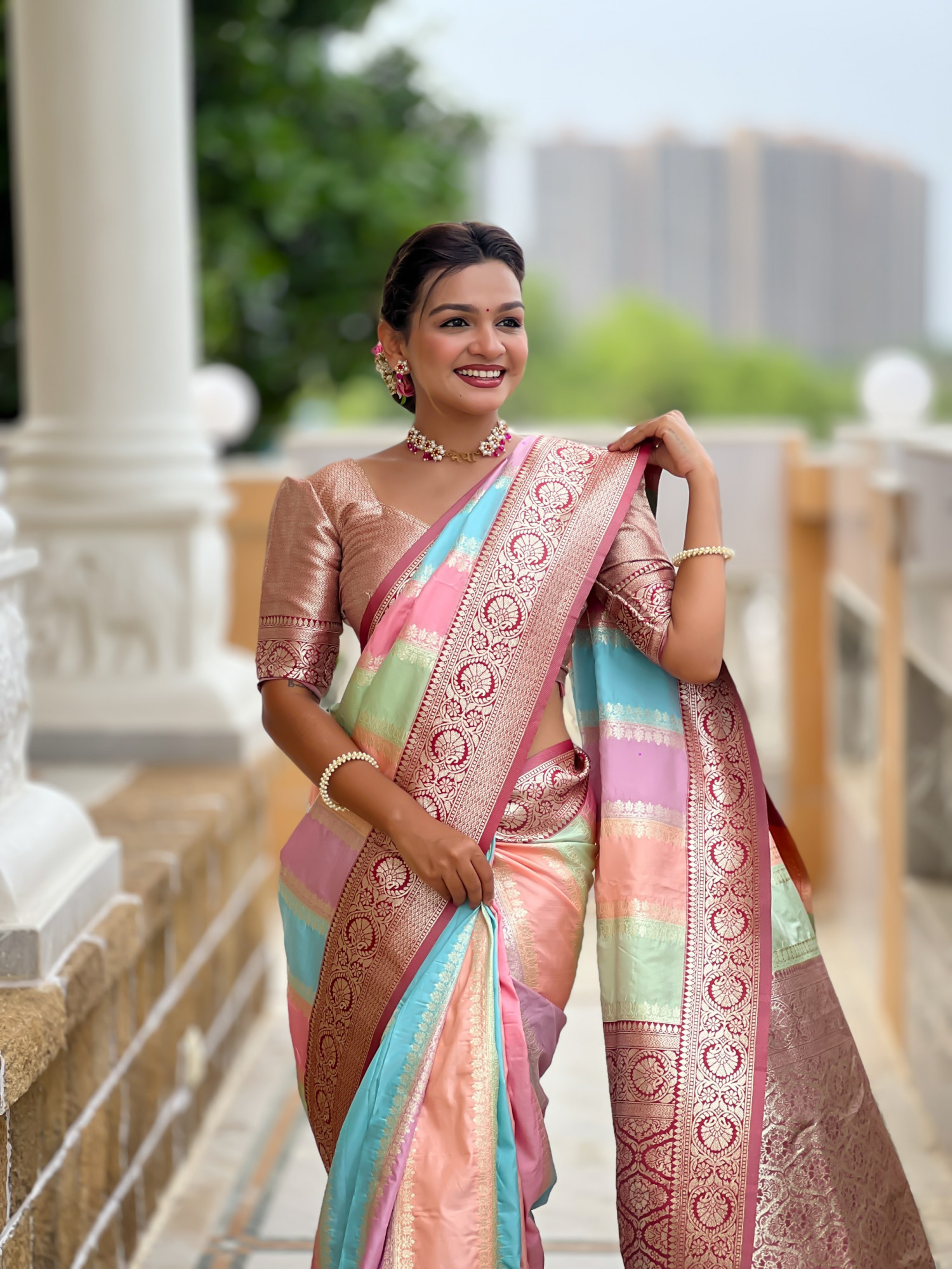 Multicolor Pure Banarasi Silk Rich Zari Weaved Pallu Dark Maroon Border Saree