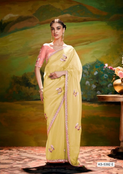 Image of Yellow Pure Tissue Organza Embroidered Sequence Worked Saree