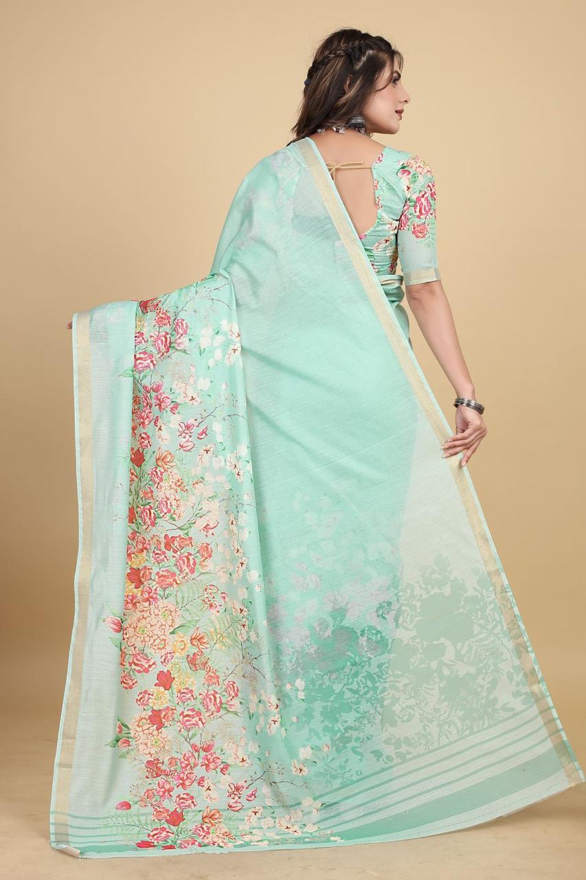 Pure Linen Digital Floral Printed With Tiny Zari Border Sarees