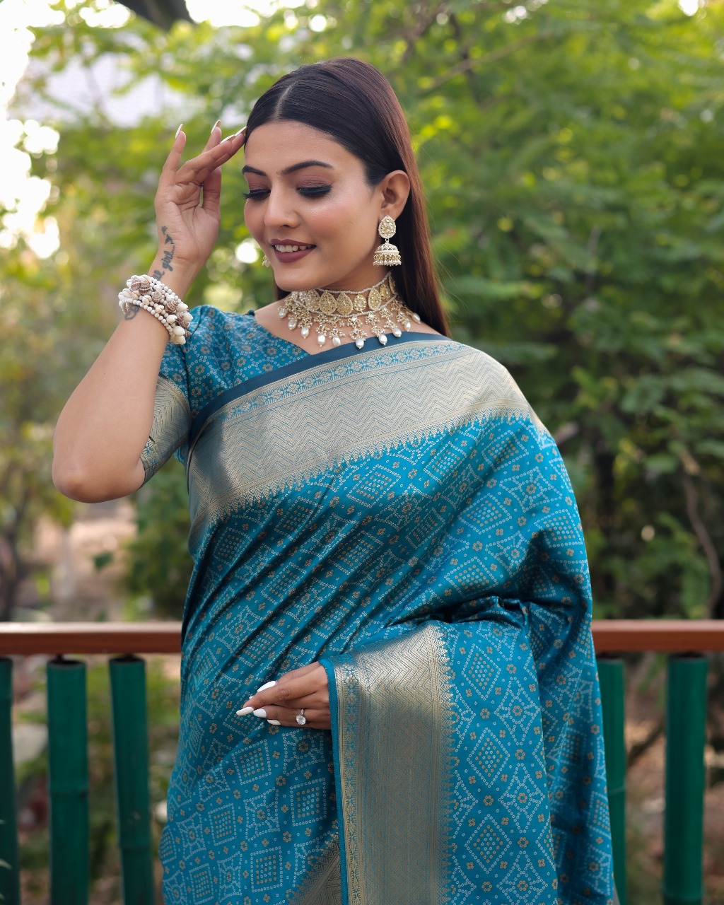 Teal Bandhej Patola Silk Rich Weaved Pallu Zari Border Saree