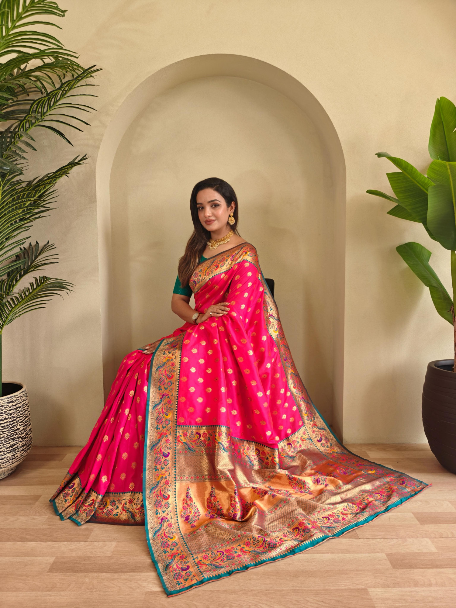 Raani Banarasi Paithani Silk Zari Meena Weaved Contrast Saree