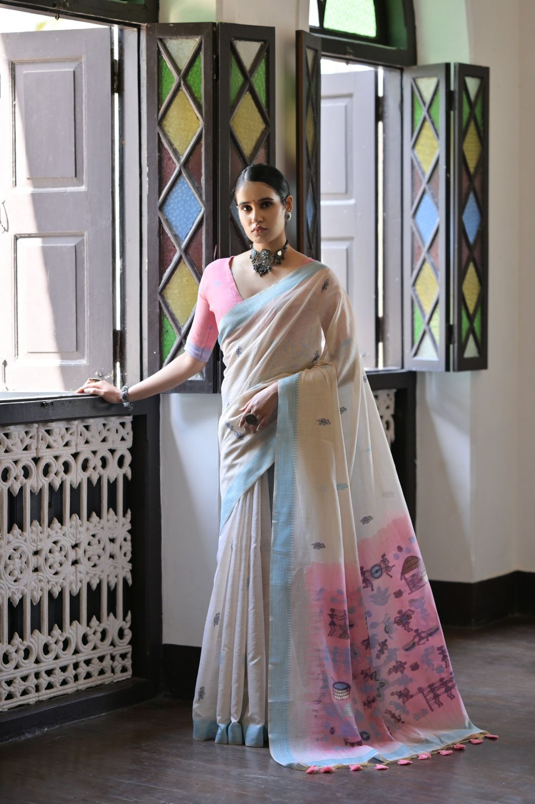 Beige Pure Muga Cotton Contrast Weaved Pink Pallu Saree