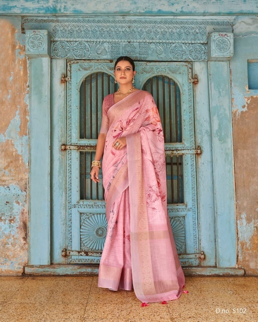 Linen Digital Printed Sarees With Zari Border And Rich Zari Pallu