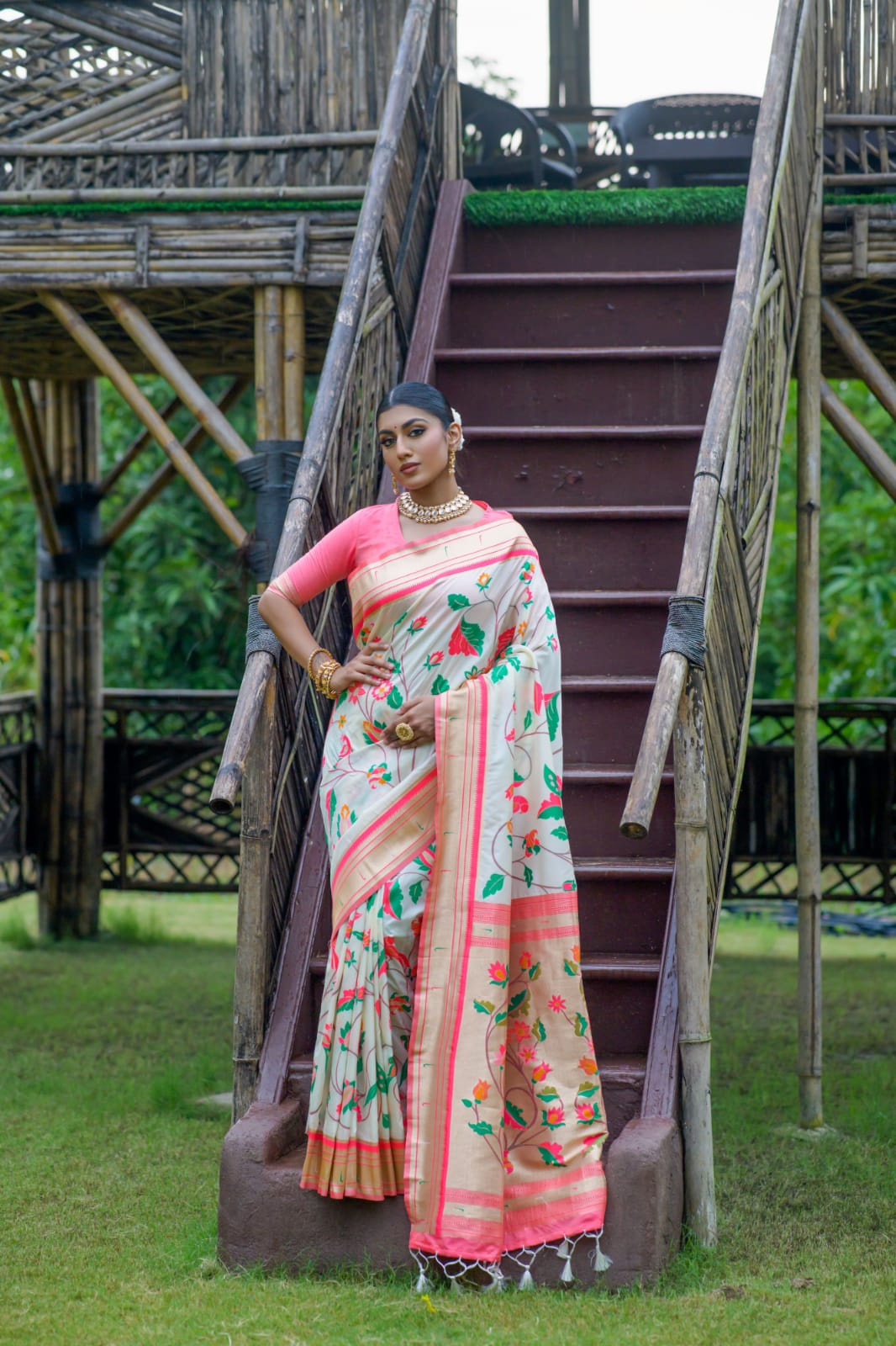 Pure Banarasi Silk Paithani Zari Meenakari Weaved Rich Pallu Saree