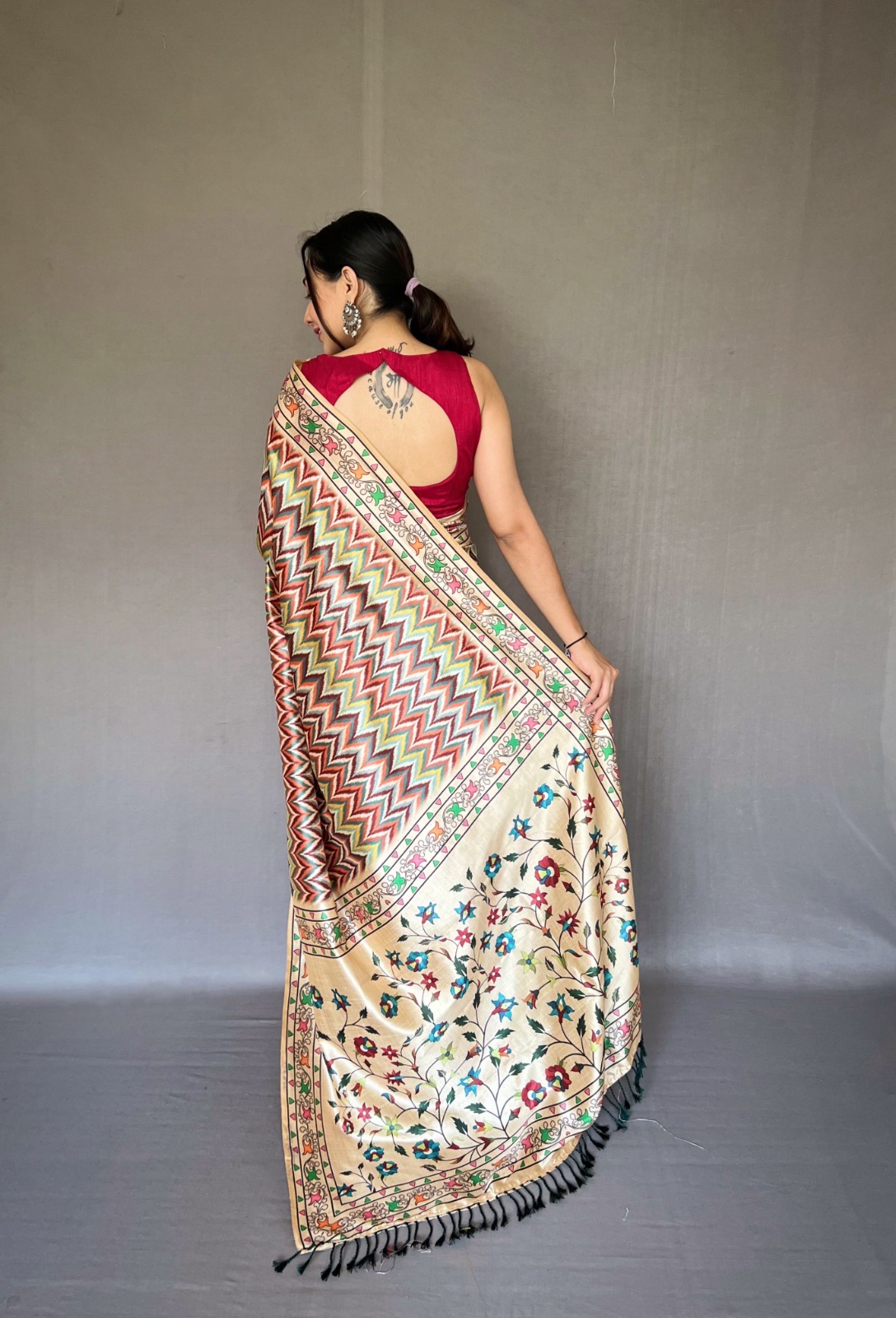 Soft Silk Paithani Style Printed All Over With Tassels On Pallu Sarees