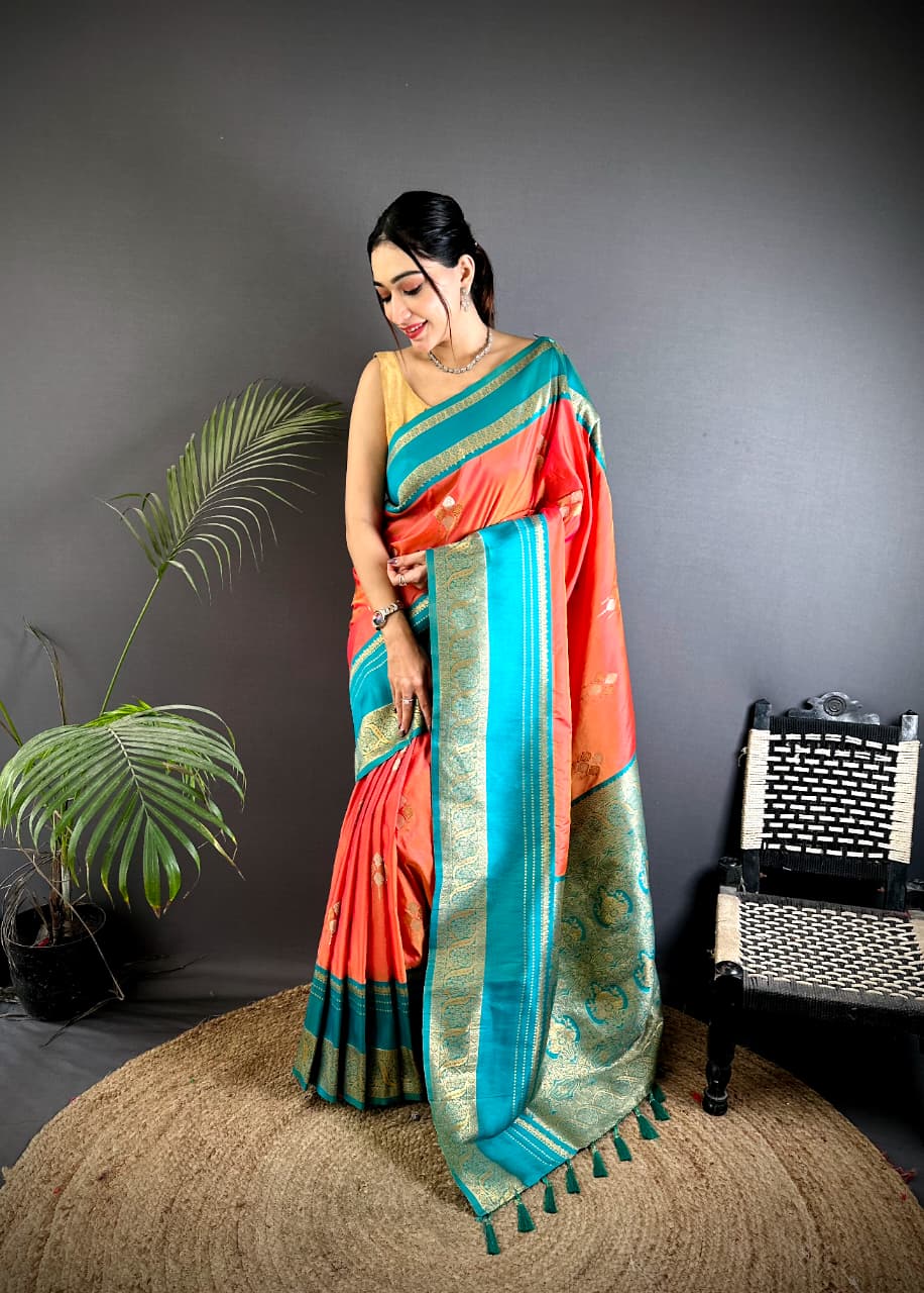 Coral Red Premium Soft Silk Zari Weaved Narayan Border Saree