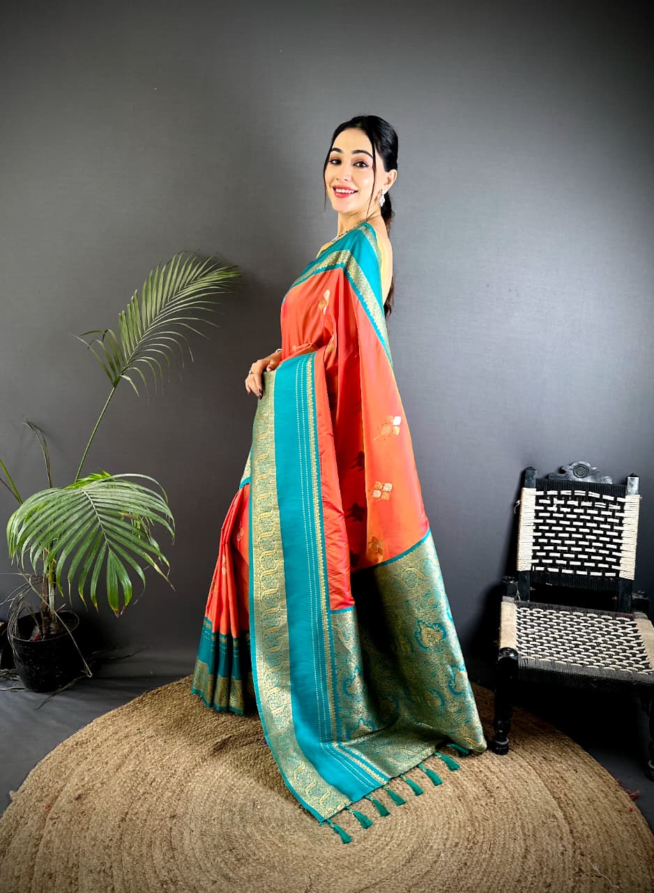 Coral Red Premium Soft Silk Zari Weaved Narayan Border Saree