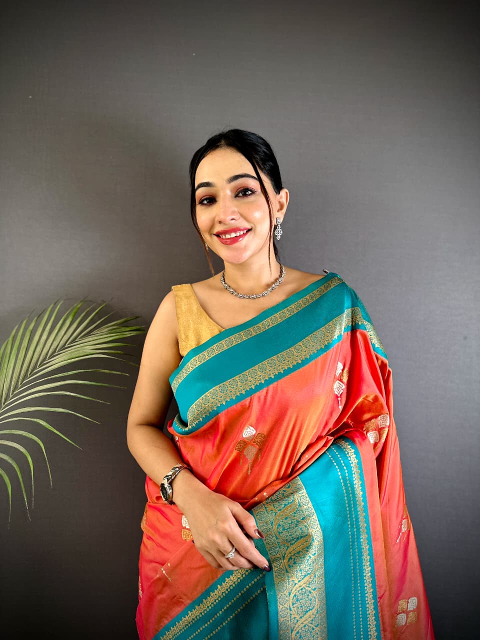 Coral Red Premium Soft Silk Zari Weaved Narayan Border Saree