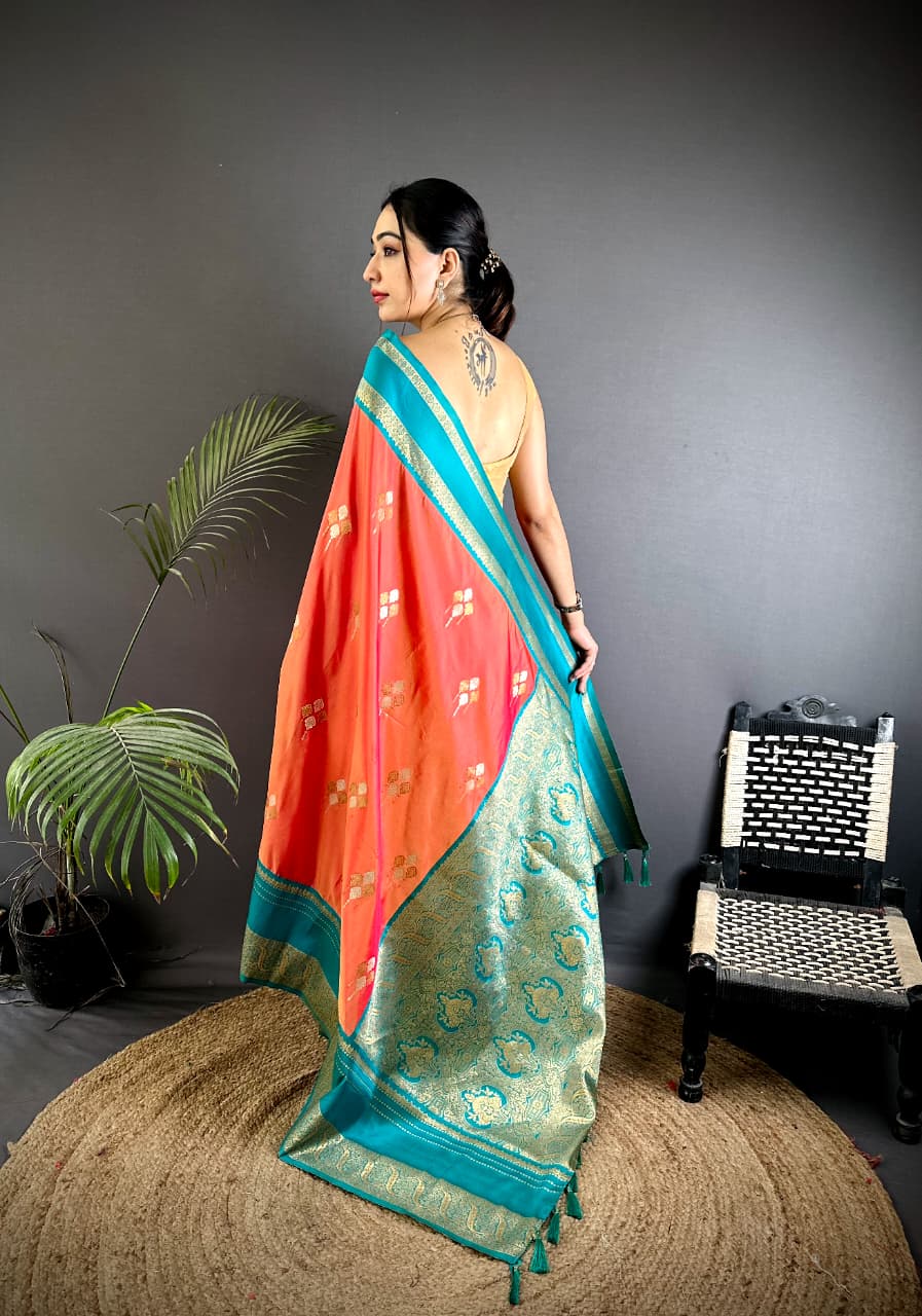 Coral Red Premium Soft Silk Zari Weaved Narayan Border Saree