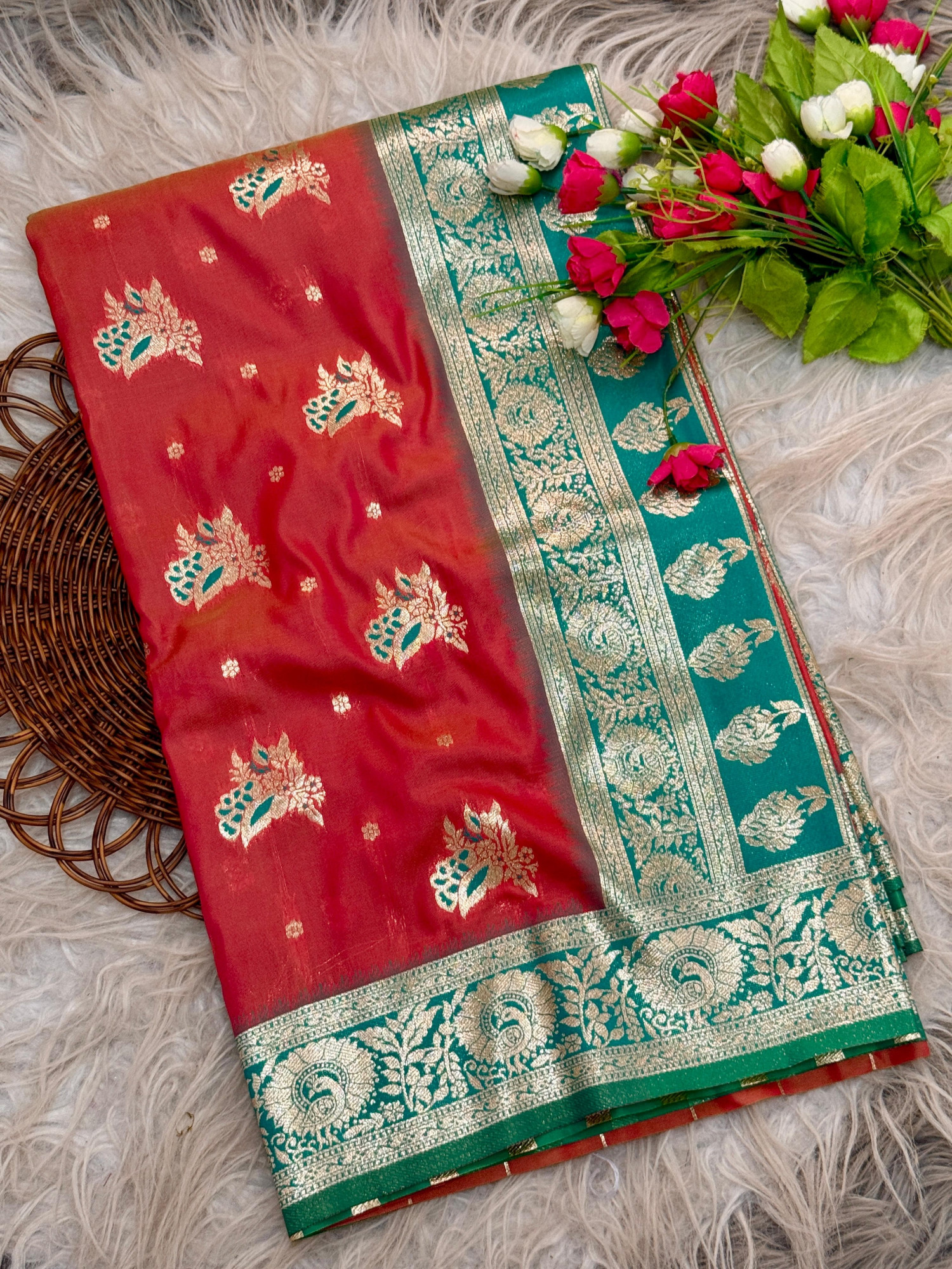 Red Pure Banarasi Silk Rich Zari Weaved Floral Border Saree