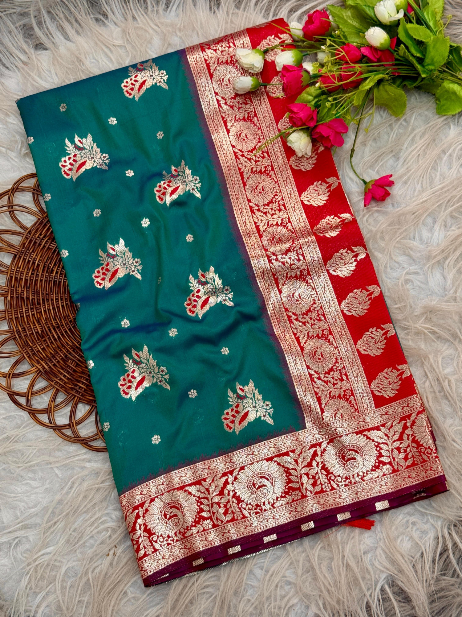 Jade Green Pure Banarasi Silk Rich Zari Weaved Floral Border Saree