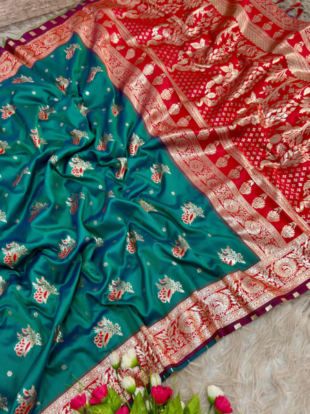 Image of Jade Green Pure Banarasi Silk Rich Zari Weaved Floral Border Saree