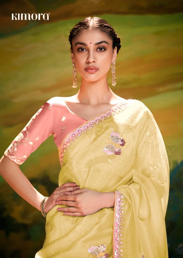 Yellow Pure Tissue Organza Embroidered Sequence Worked Saree