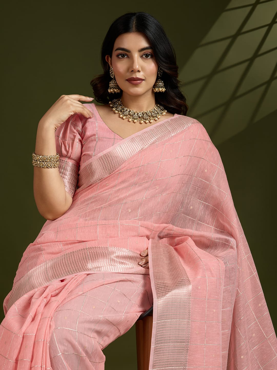 Peach Pure Linen Tissue Silk Check Weaved Body Rich Zari Weaved Pallu Border Saree
