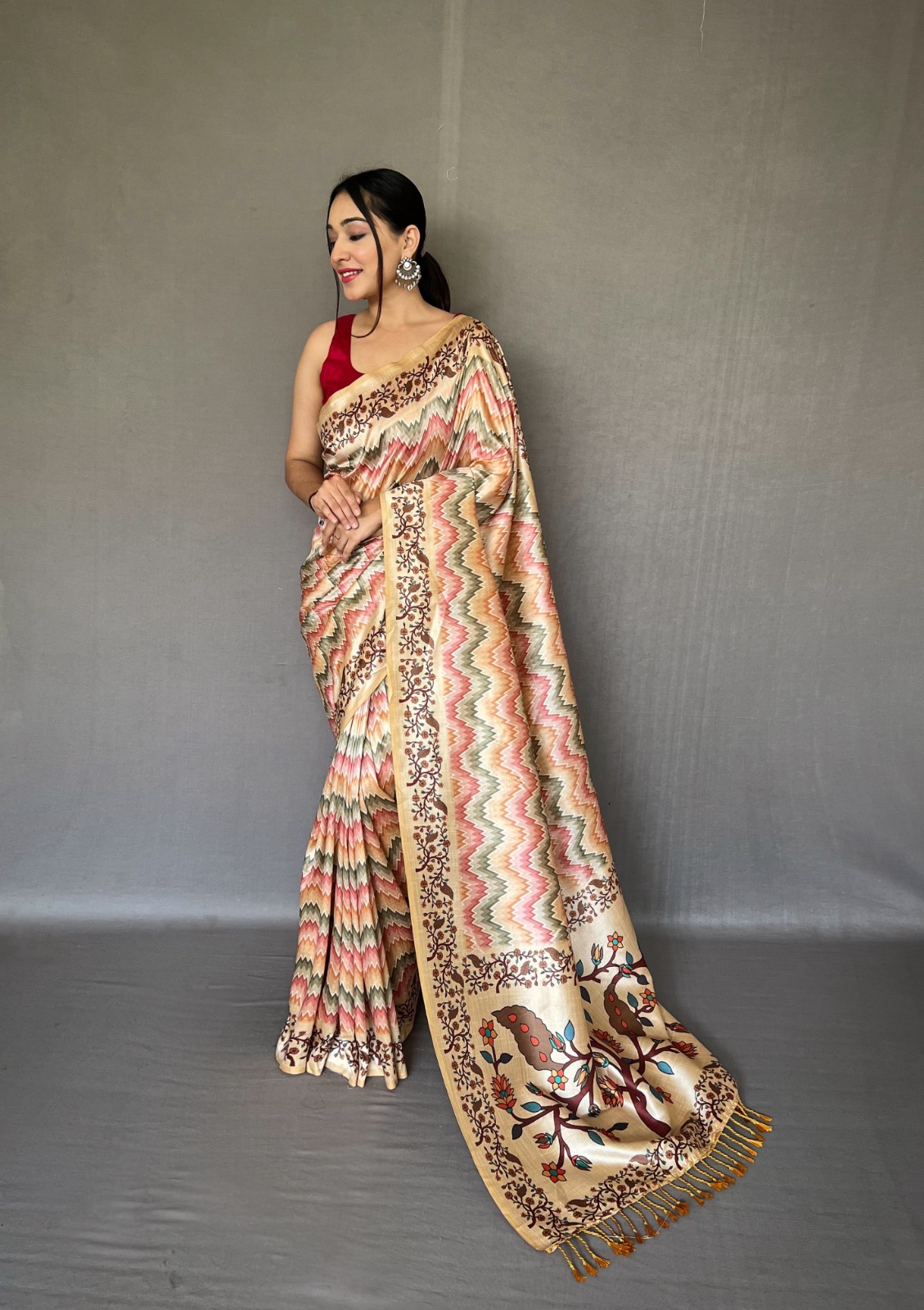 Soft Silk Paithani Style Printed All Over With Tassels On Pallu Sarees