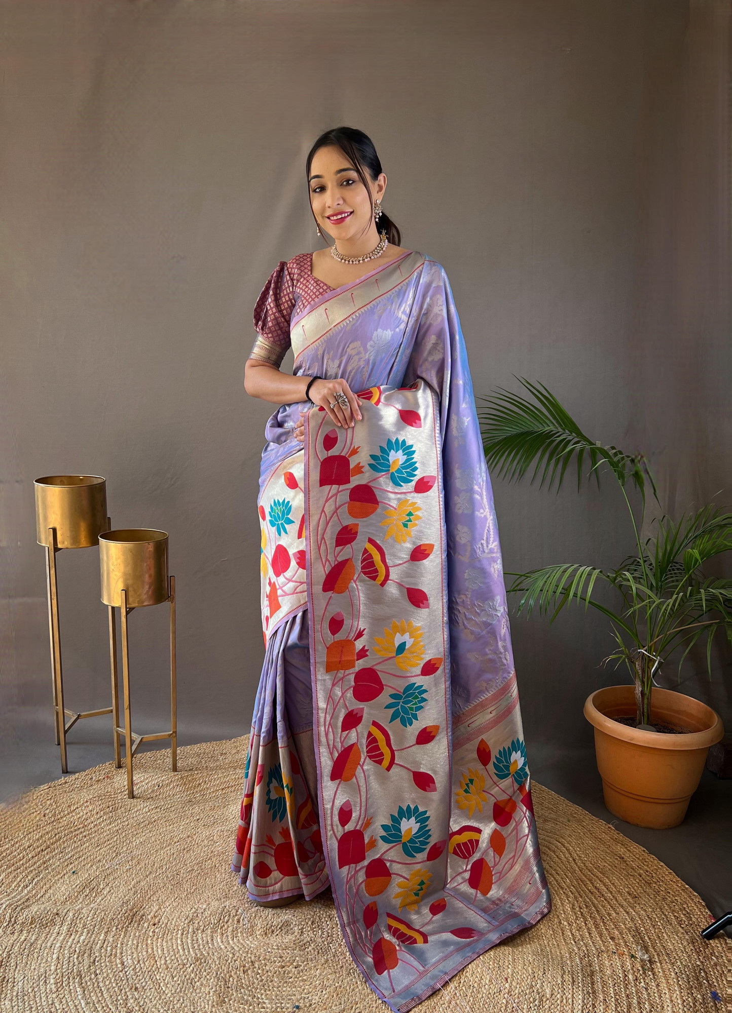 Lavender Banarasi Paithani Silk Rich Zari Meenakari Weaved Saree