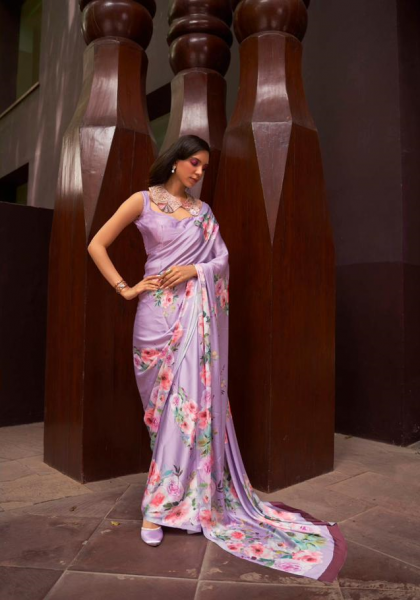 Image of Pure Satin Crepe Digital Printed All Over With Fancy Blouse Sarees
